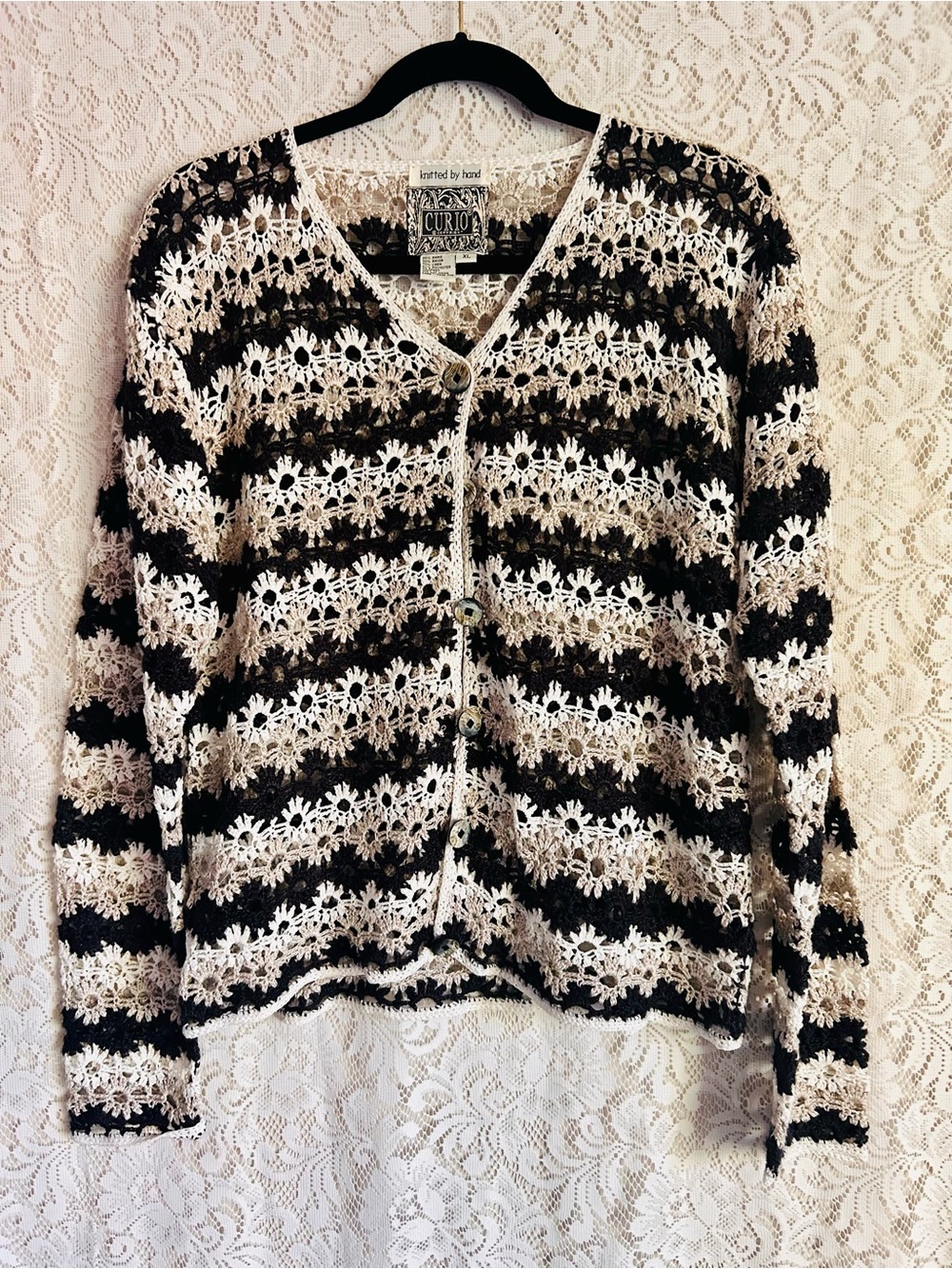 Curio Hand Knit Crochet Cardigan XL Black & Cream Boho Floral Button Front